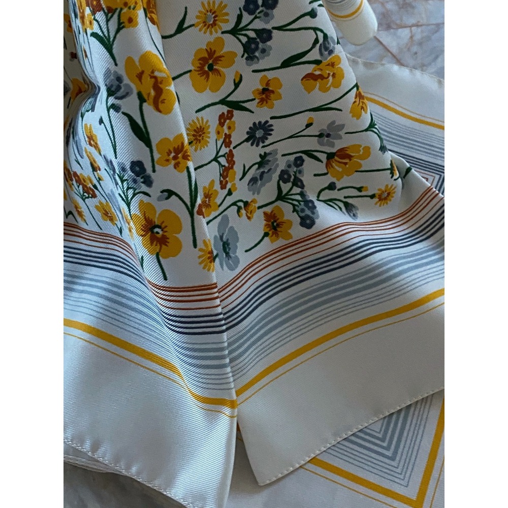 Vintage Floral Square Scarf White Yellow Blue Striped Border 26x26 Neck Scarf